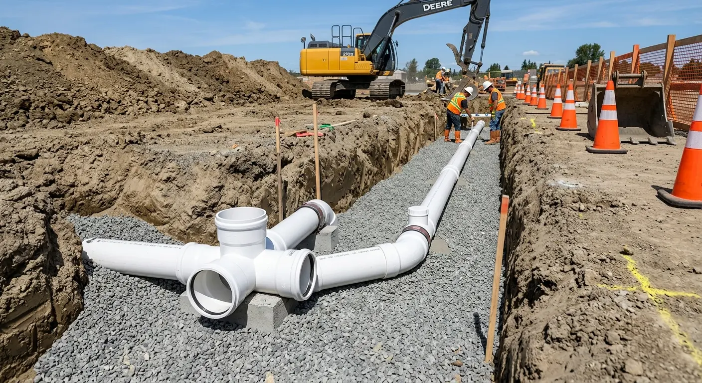 New PVC sewer pipe installation in open trench for Grease Trap Cleaning in East Pikeland