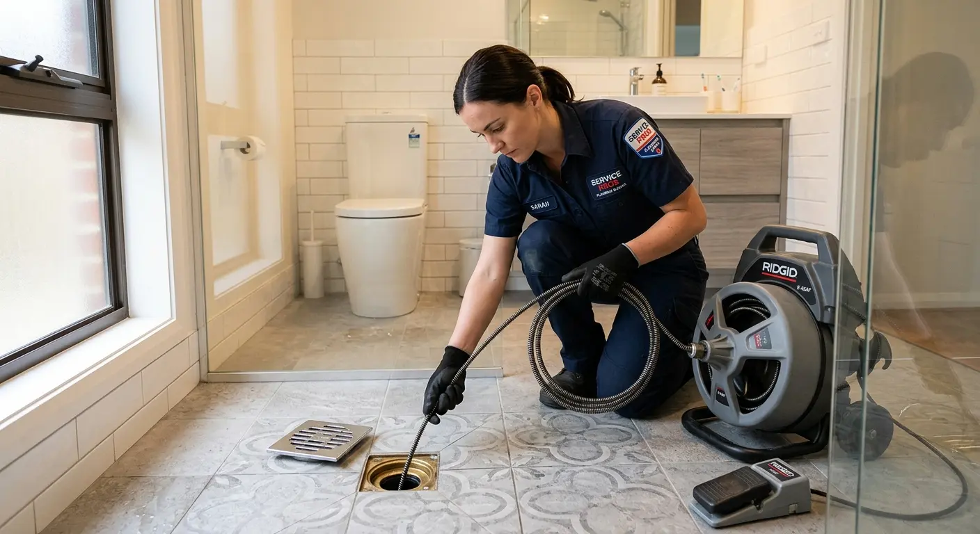 Technician clearing a bathroom floor drain for Clogged Drain Repair in East Pikeland